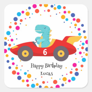 Adesivo Quadrado Birthday Dinosaur Race car Garoto de Corrida Verme