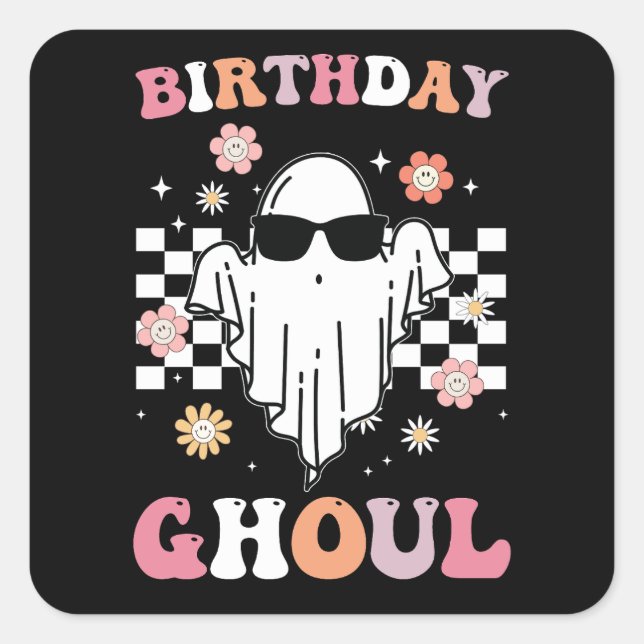 Adesivo Quadrado Birthday Ghoul Ghost Halloween Groovy Retro (Frente)