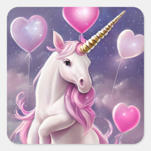 Adesivo Quadrado Birthday Girl Fantasy Unicorn com Balões Rosa
