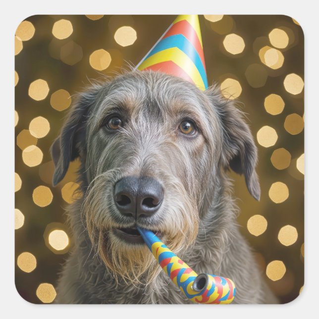 Adesivo Quadrado Birthday Irish Wolfhound Dog With Party Hat (Frente)