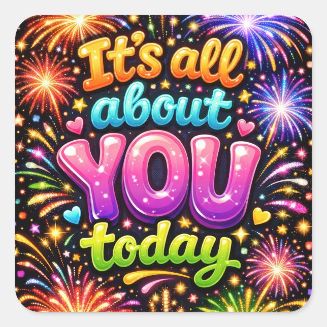 Adesivo Quadrado Birthday Neon Fireworks On Black (Frente)