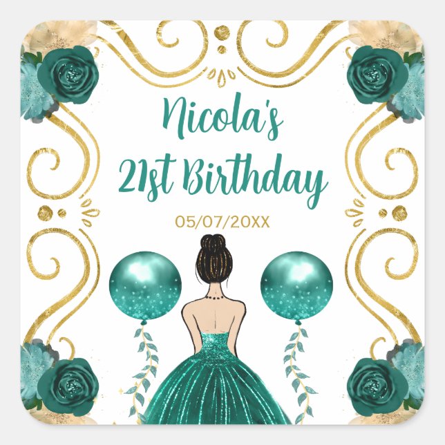 Adesivo Quadrado Birthday Party Brown Hair Princess in Teal (Frente)