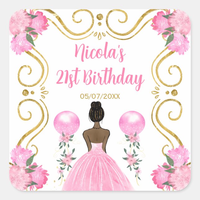Adesivo Quadrado Birthday Party Dark Skin Princess in Pink (Frente)