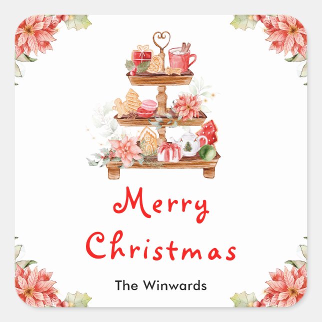 Adesivo Quadrado Biscoitos de Natal e Cacau Vermelho Feliz Natal (Frente)