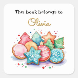 Adesivo Quadrado Biscoitos de Natal Este Livro Pertence a Nome Pers