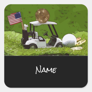 Adesivo Quadrado Bitcoin está no carrinho de golfe com Flag of Ame
