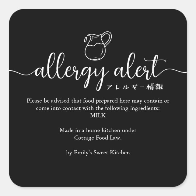 Adesivo Quadrado Black Allergy Alert Warning Milk Minimalist (Frente)