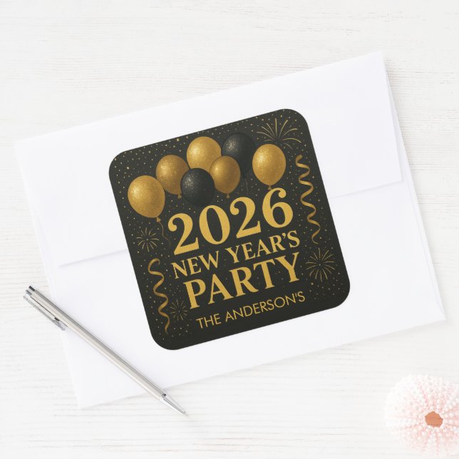 Adesivo Quadrado Black And Gold 2026 New Year Party (Envelope)