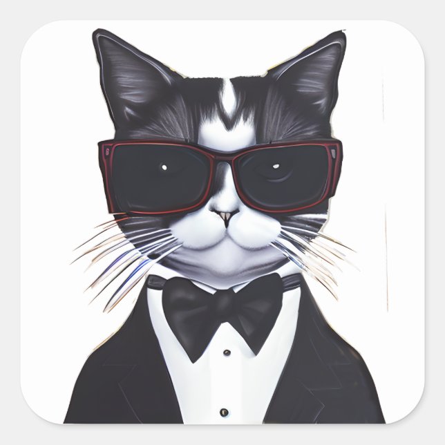 Adesivo Quadrado Black and White Cat in a Tuxedo and Arco Tie (Frente)