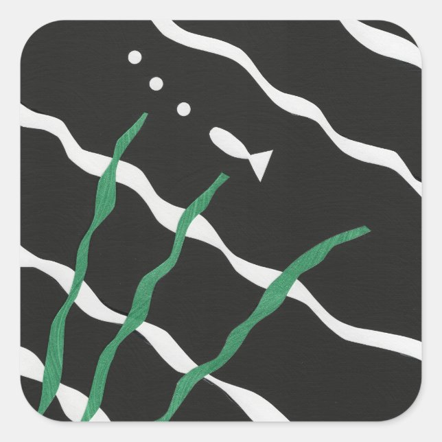 Adesivo Quadrado Black and White Fish with bubbles and seaweed (Frente)
