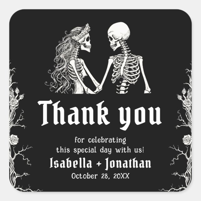 Adesivo Quadrado Black and White Gothic Halloween Skeleton Wedding (Frente)