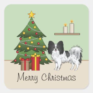 Adesivo Quadrado Black And White Papillon Dog By The Christmas Tree