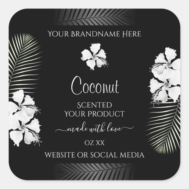 Adesivo Quadrado Black and White Product Labels Hawaiian Flowers (Frente)