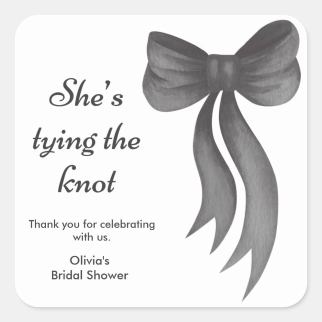 Adesivo Quadrado Black Bow She's Tying the Knot Bridal Shower  (Frente)