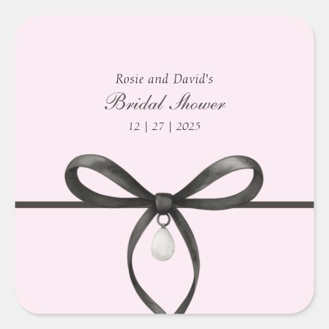 Adesivo Quadrado Black Bow With Pearl Old Money Style Bridal Shower (Frente)