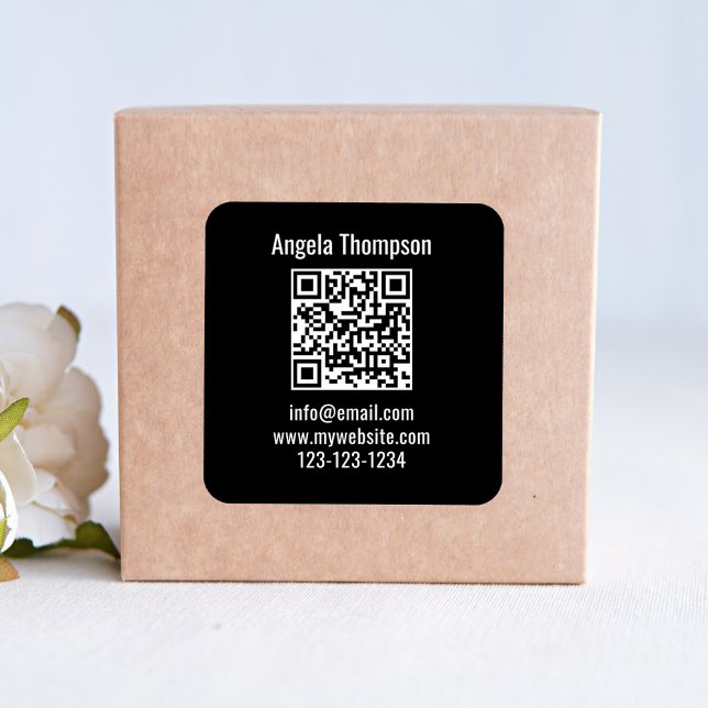 Adesivo Quadrado Black Business QR Code Custom (Basic Black and white product sticker with scannable QR code template.)
