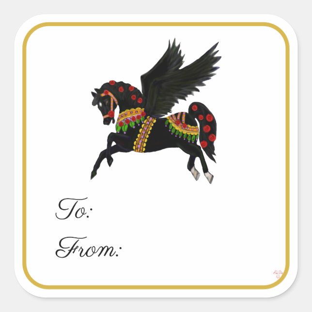 Adesivo Quadrado Black Carousel Pegasus Gift Label Sticker (Frente)