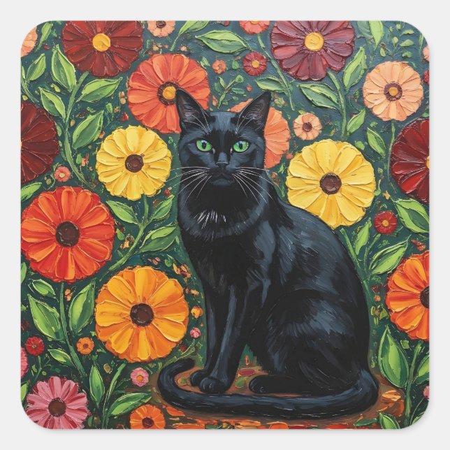 Adesivo Quadrado Black Cat and Colorful Folk Art Flowers (Frente)