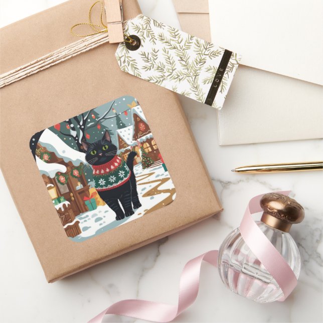 Adesivo Quadrado Black Cat Christmas Snow Holiday (Presentear)