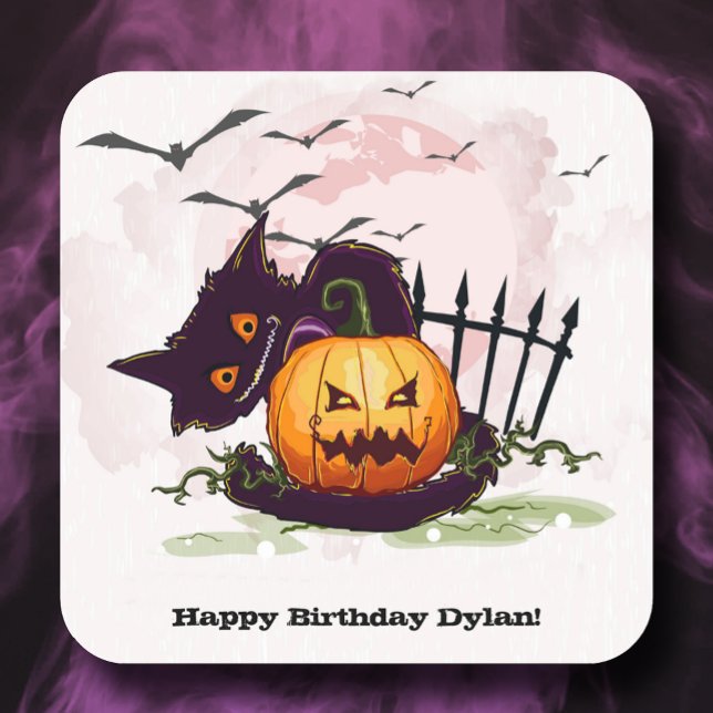 Adesivo Quadrado Black Cat e Jack o' Lanterna Halloween (Criador carregado)