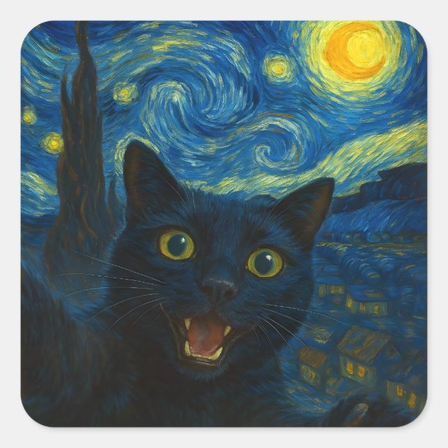 Adesivo Quadrado Black Cat Starry Night Van Gogh Cat Selfie (Frente)