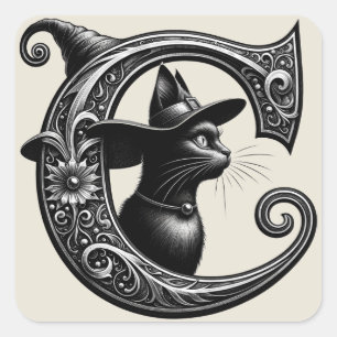 Adesivo Quadrado Black Cat Witchy - Letra C Personalizada Inicial