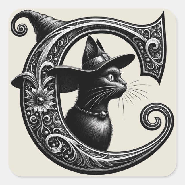 Adesivo Quadrado Black Cat Witchy - Letra C Personalizada Inicial (Frente)