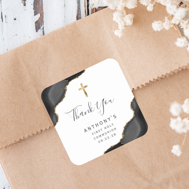 Adesivo Quadrado Black Dourado Agate First Santa Comunhão Obrigado (Criador carregado)