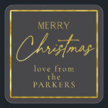 Adesivo Quadrado Black Dourado Merry Christmas ID1009<br><div class="desc">Se você está se perguntando que combinações de cores escolher para sua decoração de Natal e presentes este ano, eu criei coleções de padrões coordenadores para tornar a vida um pouco mais fácil. Este adesivo 'Feliz Natal' apresenta um fundo preto mate e texto dourado com uma modelo para adicionar seu...</div>