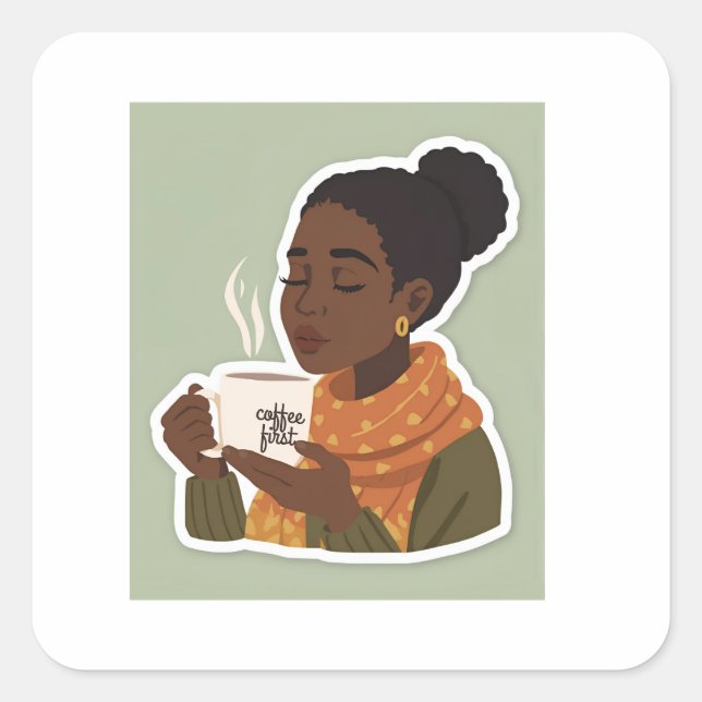 Adesivo Quadrado Black Female drinking coffee sticker (Frente)