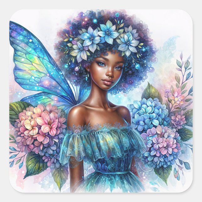 Adesivo Quadrado Black Girl Fairy with Afro and Blue Hydrangeas (Frente)