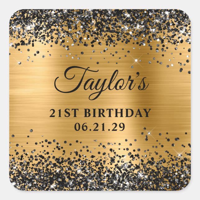 Adesivo Quadrado Black Glitter Gold Foil 21st Birthday (Frente)