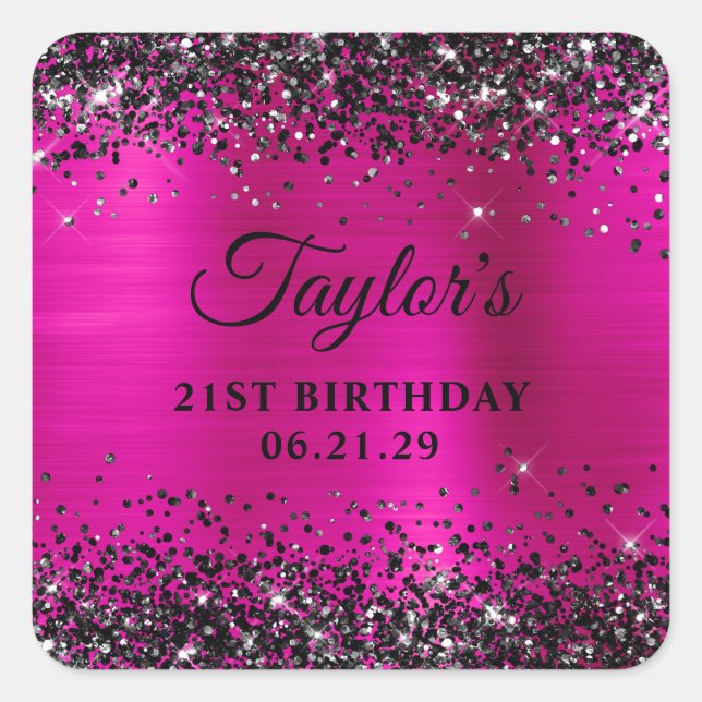 Adesivo Quadrado Black Glitter Hot Pink Foil 21st Birthday (Frente)