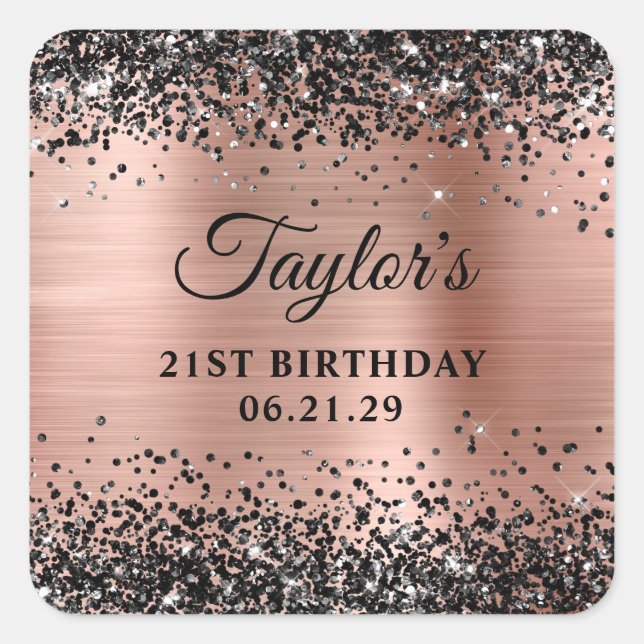 Adesivo Quadrado Black Glitter Rose Gold Foil 21st Birthday (Frente)