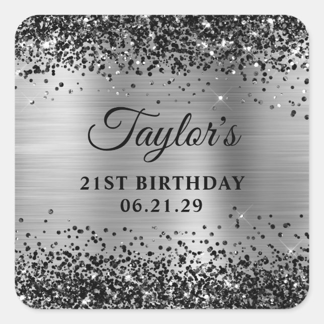 Adesivo Quadrado Black Glitter Silver Foil 21st Birthday (Frente)