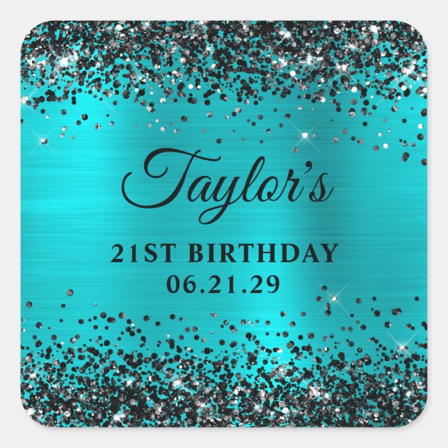 Adesivo Quadrado Black Glitter Turquoise Blue Foil 21st Birthday (Frente)