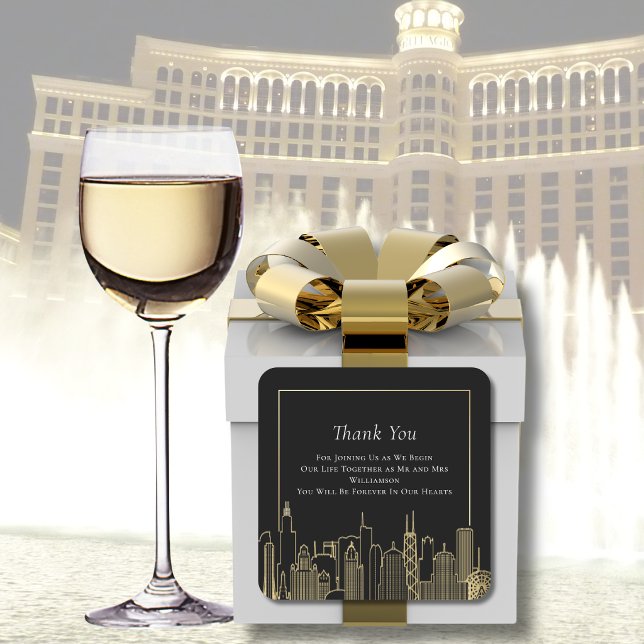 Adesivo Quadrado Black Gold Elegant Las Vegas Skyline Thank You (Criador carregado)