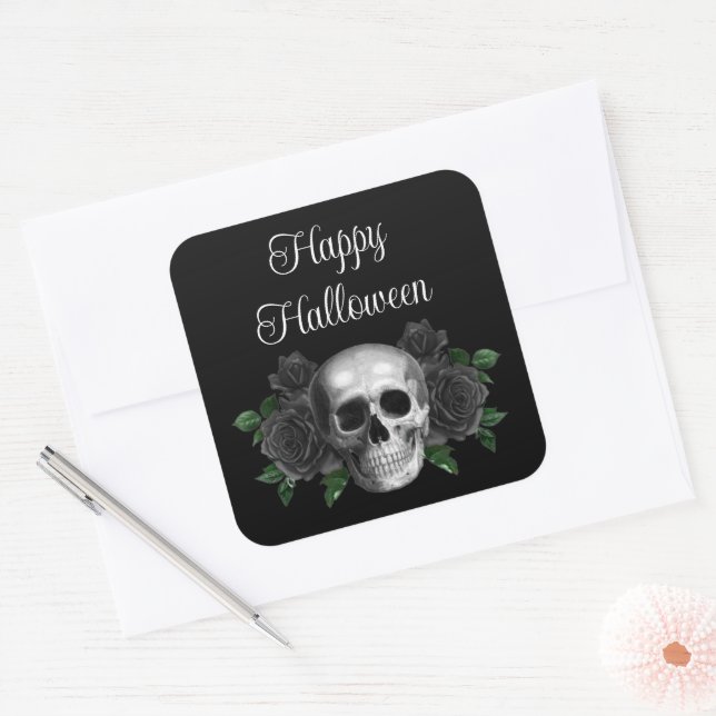 Adesivo Quadrado Black Gothic Floral Skull Halloween (Envelope)