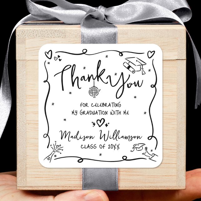 Adesivo Quadrado Black Hand Drawn Doodle Graduation Thank You White (Criador carregado)