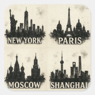 Adesivo Quadrado Black Ink City Skylines - Nova Iorque, Paris, Mosc