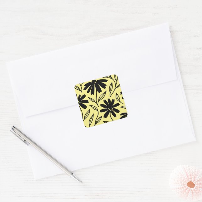 Adesivo Quadrado Black Ink Margaridas Amarelo Boho Chá de Noiva (Envelope)