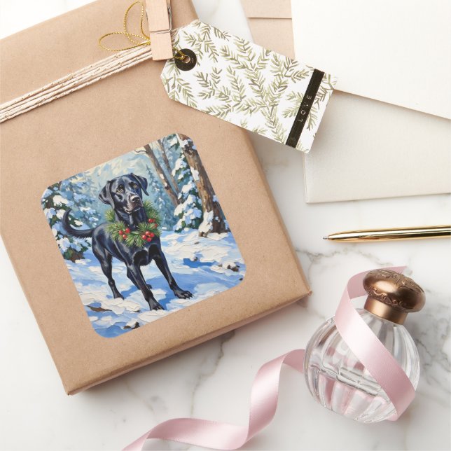 Adesivo Quadrado Black Lab Serene Winter Forest Christmas Holiday (Presentear)