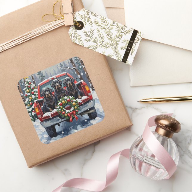 Adesivo Quadrado Black Newfoundland Christmas Red Truck Holiday (Presentear)