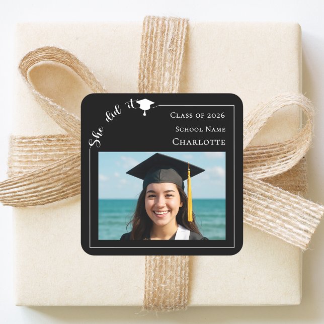 Adesivo Quadrado Black photo modern She Did it Graduation Party (Criador carregado)