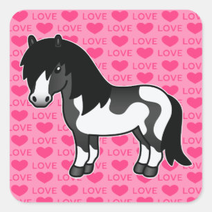 Adesivo Quadrado Black Pinto Cartoon Shetland Pony Love Hearts