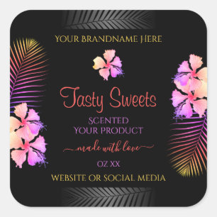Adesivo Quadrado Black Product Labels Colorful Hawaiian Flowers