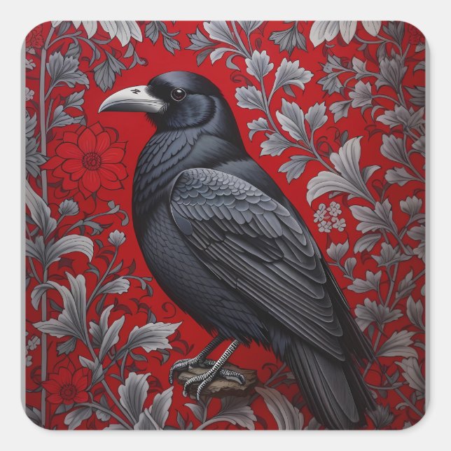Adesivo Quadrado Black Raven Red Floral William Morris Inspired (Frente)