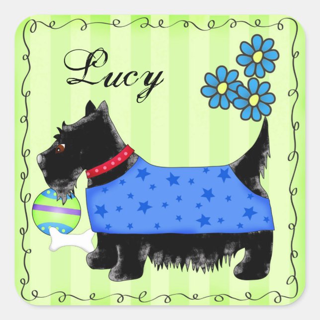 Adesivo Quadrado Black Scottie Terrier Dog Name Personalizado Green (Frente)