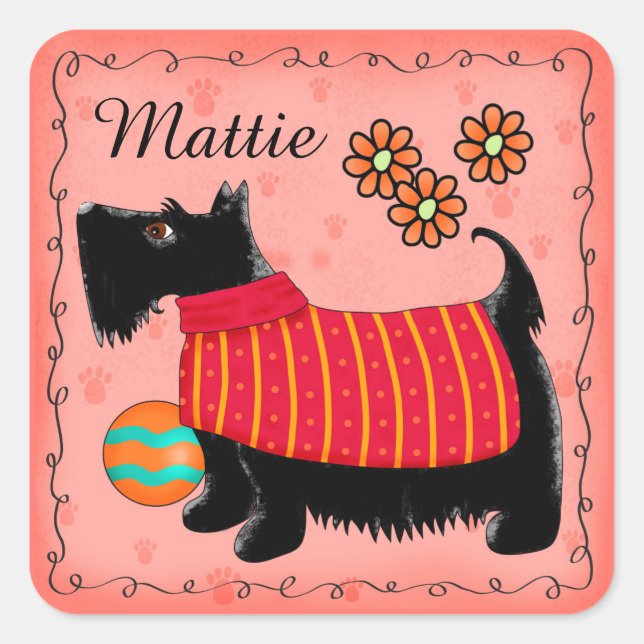 Adesivo Quadrado Black Scottie Terrier Dog Name Personalizado Red (Frente)