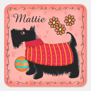 Adesivo Quadrado Black Scottie Terrier Dog Name Personalizado Red